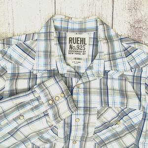 RUEHL No 925 Mens Pearl Snap Western Cowboy Rockabilly Gray White Plaid Shirt XL